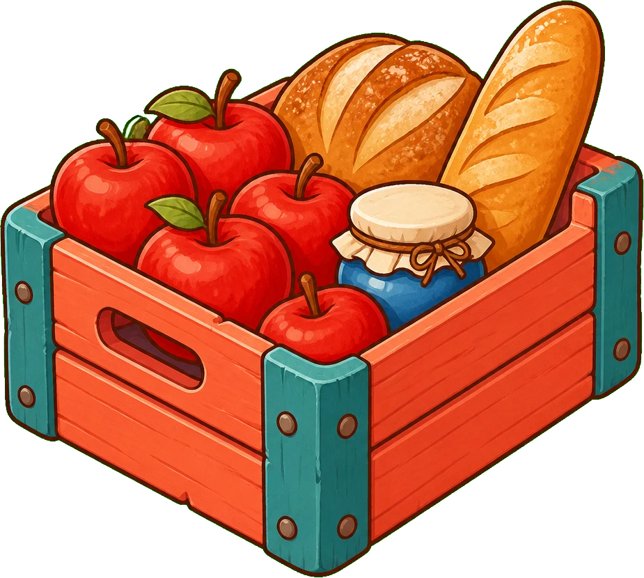 A crate of apples, bread, and jam