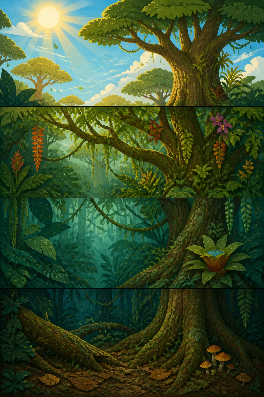 A rainforest from sunny treetops down to the dark forest floor