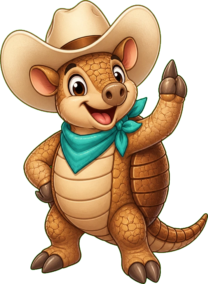 Dusty, a smiling armadillo cowboy