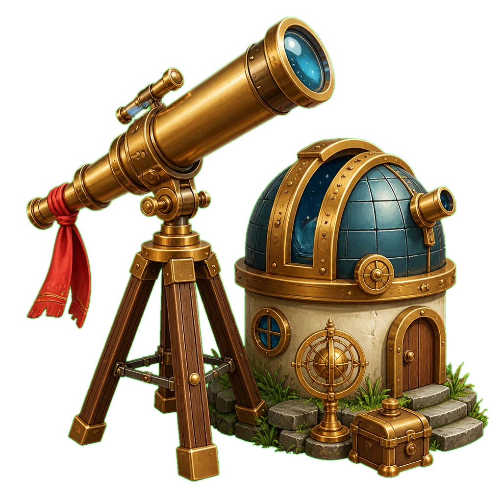 A brass telescope beside a tiny observatory