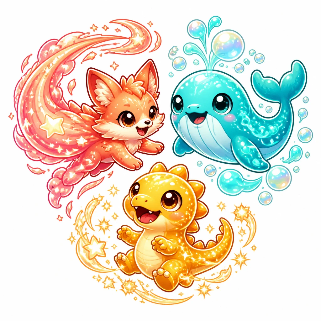Three glowing story spirits