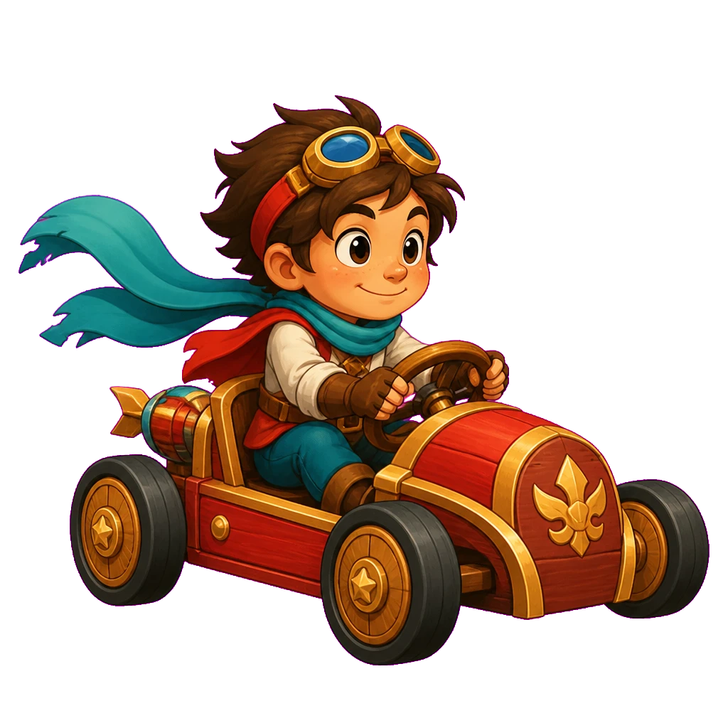 A young racer driving a red wooden kart